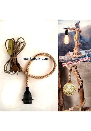 Ağaç Dalı Lambader Için Siyah Şapka Duylu Anahtarlı 1Cm Jut Hasır