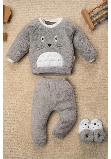 Mai Perla Totoro Nakışlı Welsoft Peluş 3'lü Bebek Takım Gri