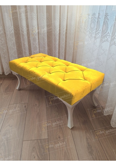 Kapitoneli Ayak Ucu Kapı Önü Antre Bench Puf Beyaz Ayak 120 45 Sarı
