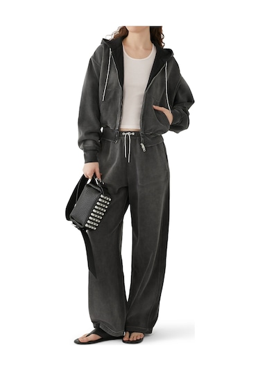 T By Alexander Wang Kristal Detaylı Kısa Kapüşonlu Sweatshirt Gri