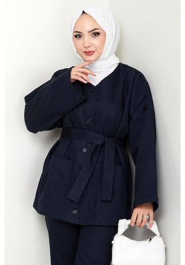 Kemerli Ceket Pantolon Gabardin Takım 1557 - Lacivert Lacivert