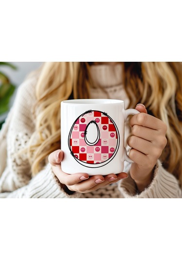 O Harfi Pembe Kareli Kalpli Göz Emojili Kupa Bardak Eğlenceli Kareli Tasarım Kahve Çay Kupası 07 Beyaz