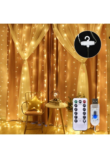 Skycity Usb Şarjlı 200 Led 3x2m Perde Işığını, Uzaktan Kumandalı 8 Işık Modu Ve Parlaklık Ayarlamalı, Ev Ve Dış Mekan Dekorasyonu Için Islak Işık Sıcak Beyaz