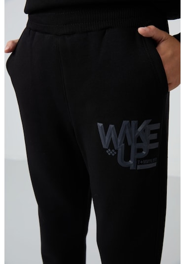 Tommy Life Siyah Pamuklu Kalın İçi Tüylü Yumuşak Dokulu Standart Fit Baskılı Erkek Çocuk Eşofman Takım - 11253 Siyah