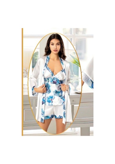 Xses 2155 Kadın Saten Empirme Sabahlıklı 4'lü Pijama Takım-mavi Mavi
