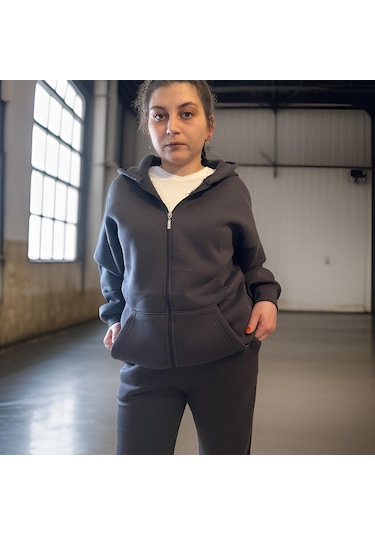 Ceyss Design Unisex Üç İplik Şardonlu Kapüşonlu Hırkalı Eşofman Takımı-antrasit Antrasit