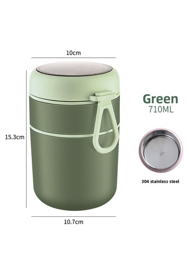 Dekorasyaa 2 Katlı Lunch Box - Yeşil - Paslanmaz Çelik - Kaşıklı - Yemek Taşıma Kabı - 710ml Yeşil