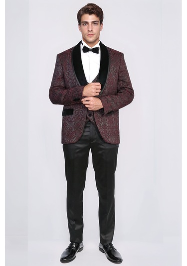 Barok Desenli Kadife Şal Yaka Yelekli Bordo Smokin - Wessi Bordo