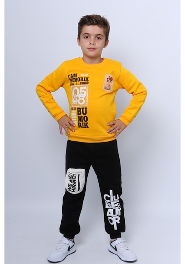 Erkek Çocuk 3 İplik Eşofman Takımı Baskılı Cep Detaylı D33 Sarı