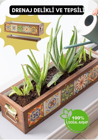 Halohope El Yapımı 5 Meksika Çinili Dekoratif Modern Ahşap Dikdörtgen Kaliteli Bahçe Balkon Saksı Saksılık