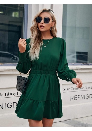 Kadın Uzun Kollu Bisiklet Yaka Beli Lastikli Fırfırlı Ithal Krep Elbise Yeşil