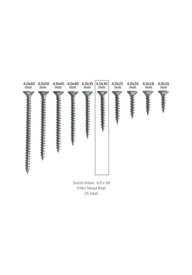 Sunta Vidası, 4,0 X 30 Mm, 25 Adet, Yhb Vida 4 x 30