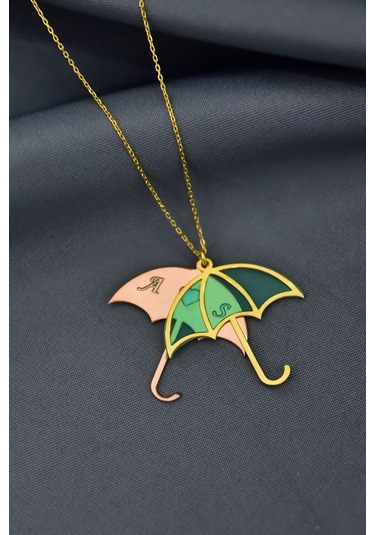 925 Ayar Gümüş Gold-rose Kaplama Rüya Serisi Cam Boyalı Harfli Şemsiye Kolye