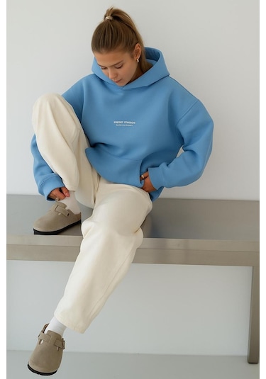 Benroma 3 İplik Penye Peteet Studıos Baskılı Unisex Kapüşonlu Sweat Bebe Mavisi