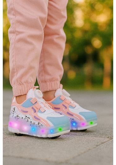 Kaykaylı Çocuk Işıklı Ayakkabı - Işıklı Patenli Kaykay Ayakkabı - Kaykay Ayakkabı Beyaz