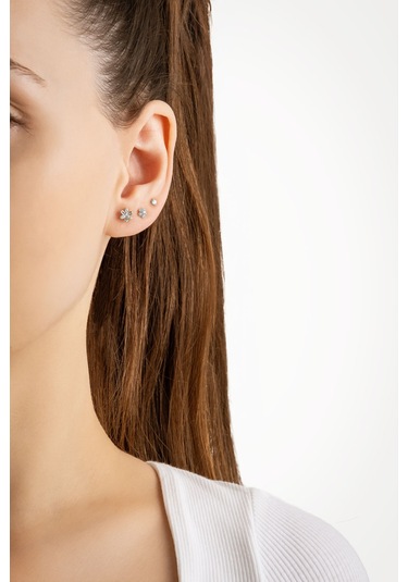 Yaz Çiçeği 18 Ayar Beyaz Altın Kaplama Gümüş Çoklu Küpe Gold-Rodyum