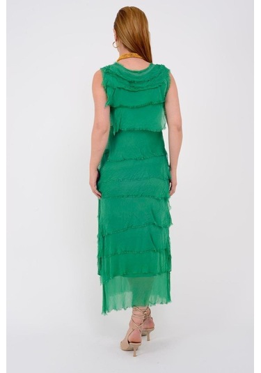 Italyan 2 Beden İnce Gösteren Kat Kat Kolsuz Ipek Elbise-8769 Yeşil