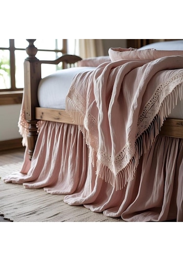 Rustik Şık Keten Fırfırlı - Yumuşak Pembe Yatak Eteği - 180x200 Pembe
