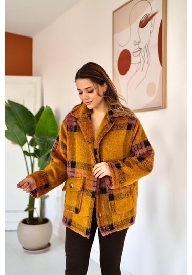 Lucky Life Kadın Hardal Fuşya Düğmeli Ekoseli Kaban Çok Renkli