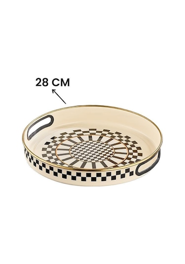 Prime Cream Emaye Ahşap Saplı Sosluk / Sütlük 14 Cm Ve Emaye Servis Tepsisi 28 Cm Krem