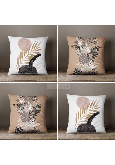 Çift Taraflı Yaprak Desenli Dekoratif 4'lü Kombin Kırlent Kılıfı Seti - Çok Renkli