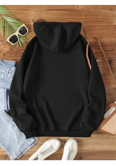 Coke Serisi Slogan Graphic Drawstring Thermal Lined Hoodie-trzksw717 Siyah