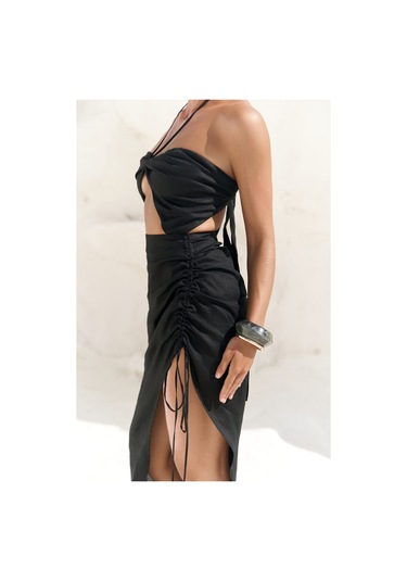 Abrossa Boyundan Bağcıklı Asimetrik Siyah Keten Elbise siyah