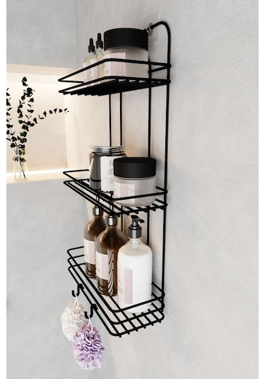 Eva Metal Tasarım Paslanmaz Yapışkanlı Düz Banyo Düzenleyici Şampuanlık Duş Rafı Siyah