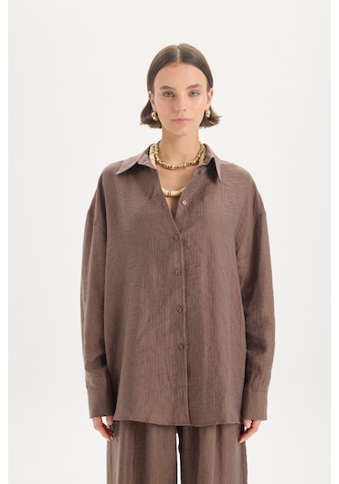 Mai Collection Mai Studios Co. Yovena Düğme Detay Kahve Oversize Gömlek Kahve