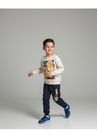 Tung Tung Sahur Baskılı 3 İplik Şardonlu Eşofman Takımı Krem