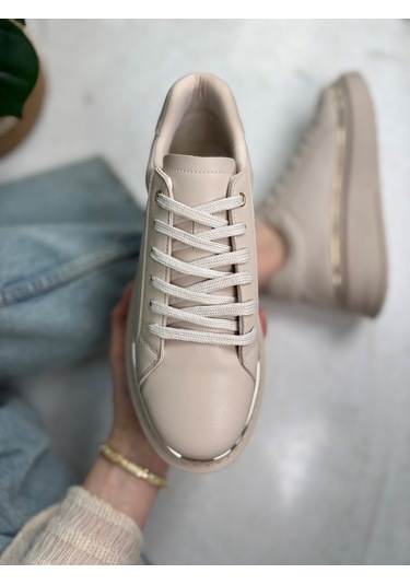 Günlük Kadın Spor Ayakkabı Bağcıklı Hafif Kalın Yüksek Taban Yürüyüş Sneaker 2135 Bej