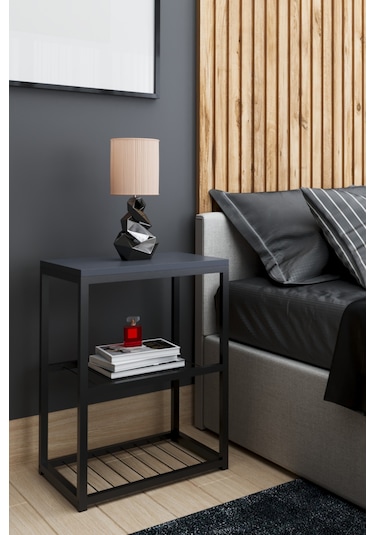 Metal Ayaklı Dekoratif Tel Raflı Komodin Antrasit Gri Antrasit