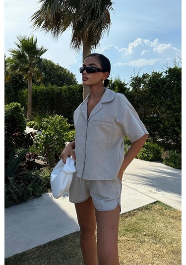 Kadın Taş Kruvaze Cotton Kısa Kol Dokuma İkili Takım Taş