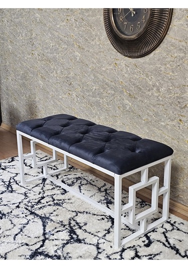 Beyaz Boyalı İçi Kareli Diktörtgen 100 Cm X 40 Cm Oturak Puf - Be Çok Renkli