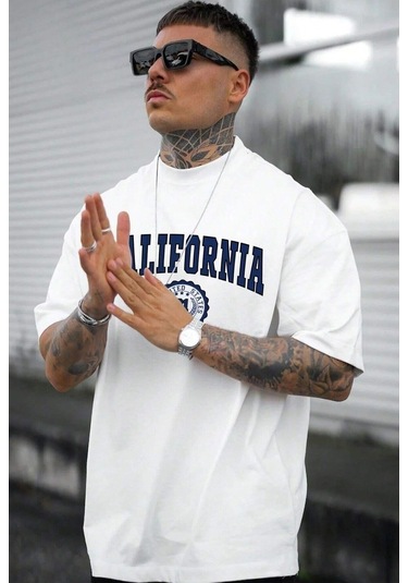 Hırsch Unisex Beyaz California Baskılı Oversize T-shirt BEYAZ