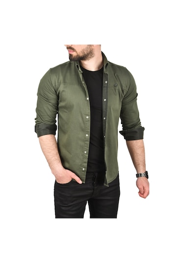 Deepsea Erkek Haki Slim Fit Pamuklu Kot Gömlek Kolay Ütülenebilir Çıt Çıtlı Likralı Spor Gömlek 2502504 Haki