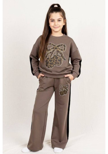Kız Çocuk Taş İşlemeli Kiraz Ve Fiyonk Desenli-2 İplik-alt-üst Takım-5-12 Yaş 12445 Kahverengi