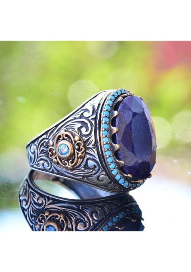 Gerçek Doğal Mavi Safir Taşlı Yüzük, 925 Ayar Gümüş Yüzük, 12.20 Karat, Özel Yüzük Gümüş