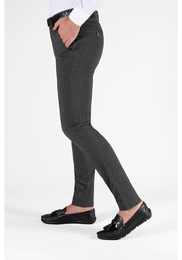 Füme Çizgili Slim Fit Pamuklu İtalyan Kesim Pantolon Koyu Gri