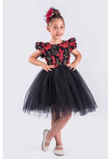 Kız Çocuk Elbise Tütü Etek Nakışlı Siyah Kırmızı