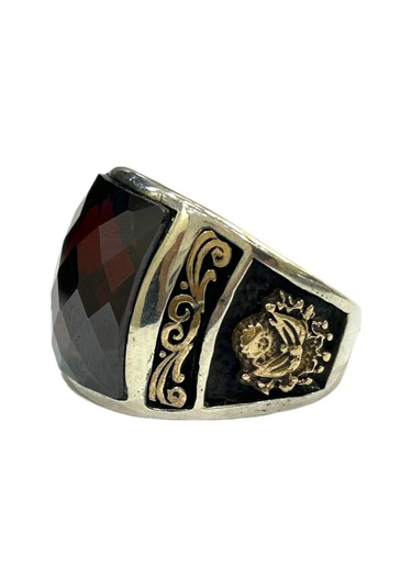 Erkek Yüzük 925 Ayar Kırmızı Taşlı Osmanlı Tuğralı Ve Armalı Gümüş Yüzük G714027