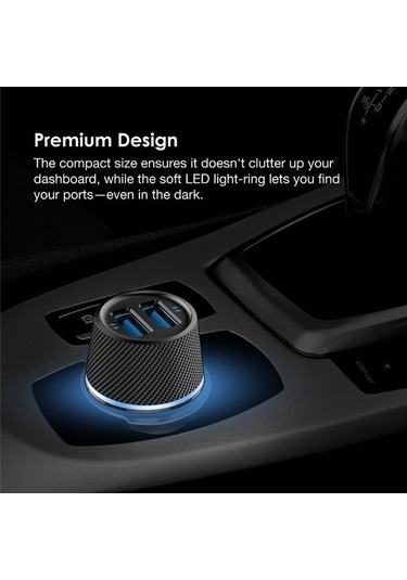 Teltree 2 Usb Çift Portlu Araç Şarj Cihazı, 5v/2.1a Hızlı Şarj, 120cm Kablolu, Siyah, Led Işık, Güvenlik Koruma