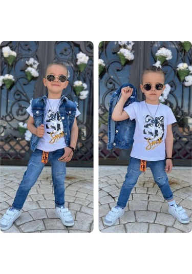 Uğur Böceği Çocuk Kurt Desenli Kot Yelekli Pantolon Tshirt Üçlü Erkek Takım 2-12 Yaş Mavi