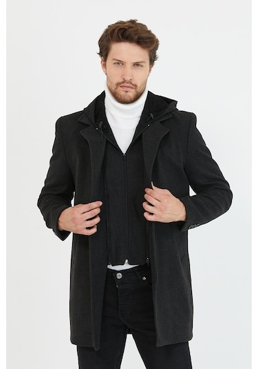 Erkek Antrasit Yün Karışımlı Kaşe Kapüşonlu Önü Fermuarlı Kaban Antrasit