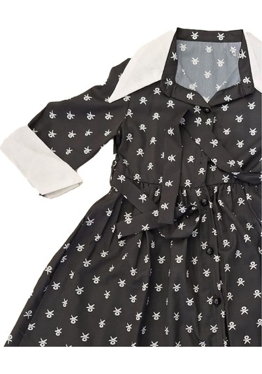 Kız Çocuk Elbise Yaka Ve Manşet Detaylı Boydan Düğmeli Ve Kuşaklı 7-12 Yaş 12420 Siyah