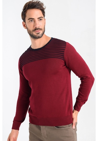 Heyss Bisiklet Yaka Sırt Detaylı Erkek Triko Kazak (381025834) Bordo