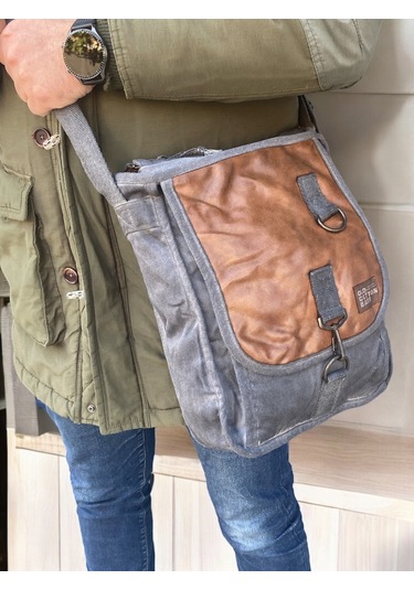 Vintage Salaş Kaliteli Unisex Taşlanmış Kumaş Okul Gezi Postacı Çantası 27x33cm Gri - Taba