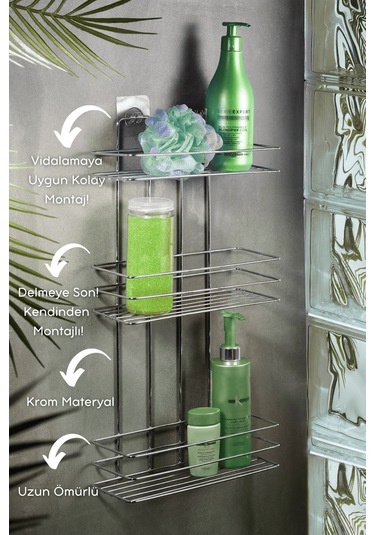 3 Katlı Krom Yapışkanlı Banyo Rafı, Şampuanlık Duş Düzenleyici, Paslanmaz Metal Banyo Duvar Askısı - TŞ-03
