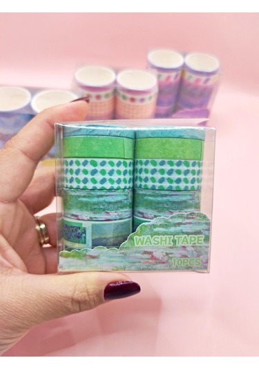 Vintage Washi Tape Bant Baskılı Yapışkanlı Maskeleme Kağıdı 45e Desenli Bant 10'lu - Yeşil Tablo 1