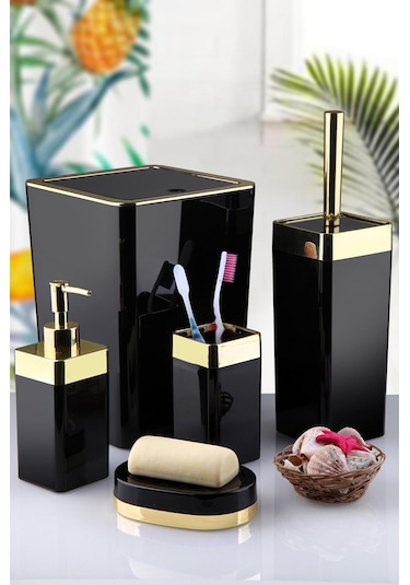 Akrilik Altın Çizgi Banyo Takımı 5'Li Kare Banyo Seti Siyah